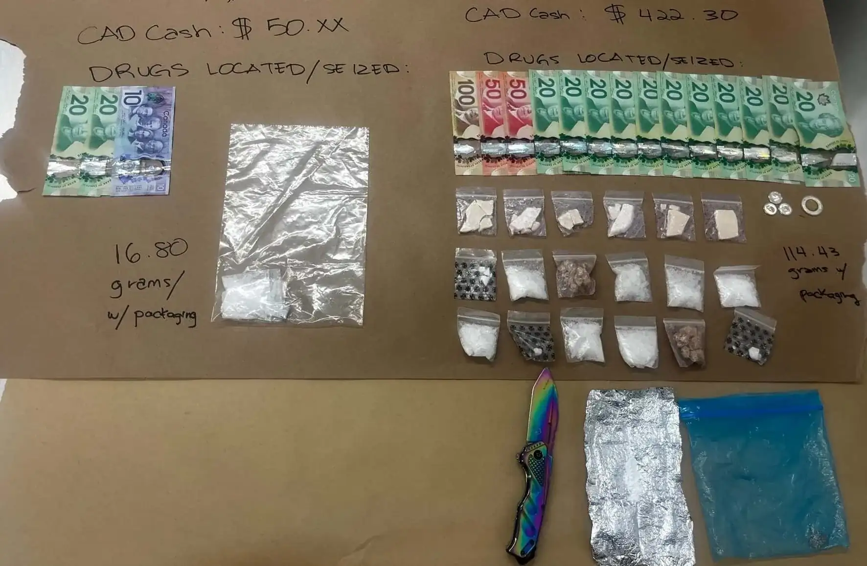 Vancouver Police Department AI-edited drug bust photo with garbled dollar bill denominations